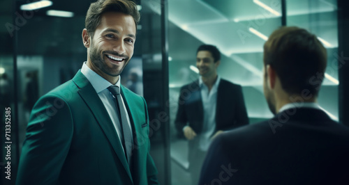 businesswoman smiling in an office with people