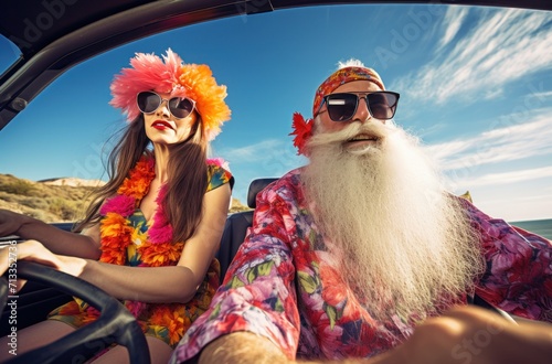 couple driving car with funny long beards over glasses and hula hulas man senior