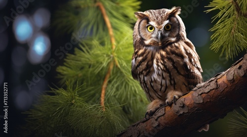 an owl sits on the branch of some pines