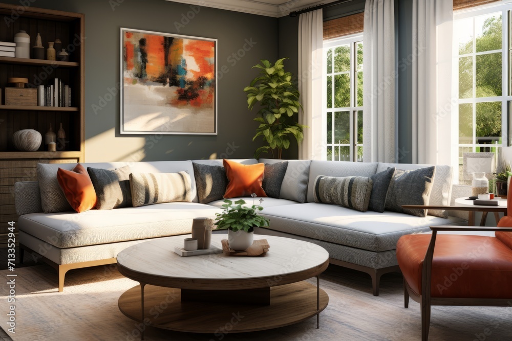 Fototapeta premium Cozy living room featuring a sectional sofa, coffee table, and accent chairs with a contemporary touch