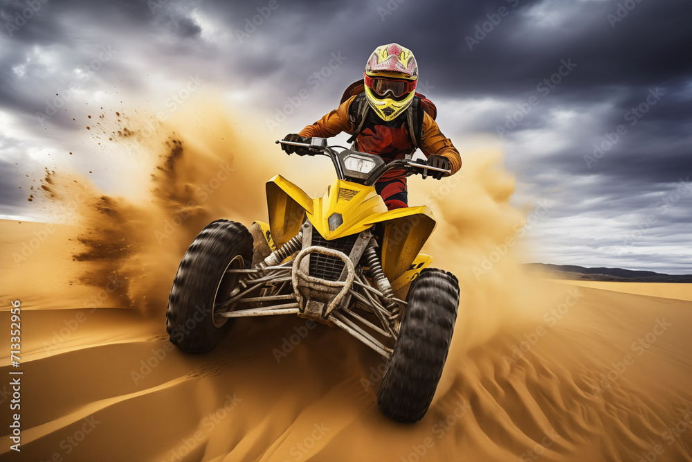 Portrait of sportsman riding fast atv vehicle in desert sand dune. Generative AI