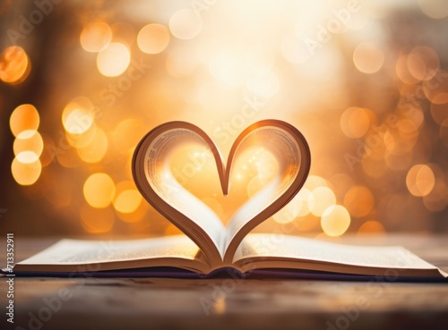 an open book shaped like a heart against the light of the background