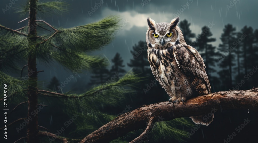 Obraz premium an owl sits on the branch of some pines