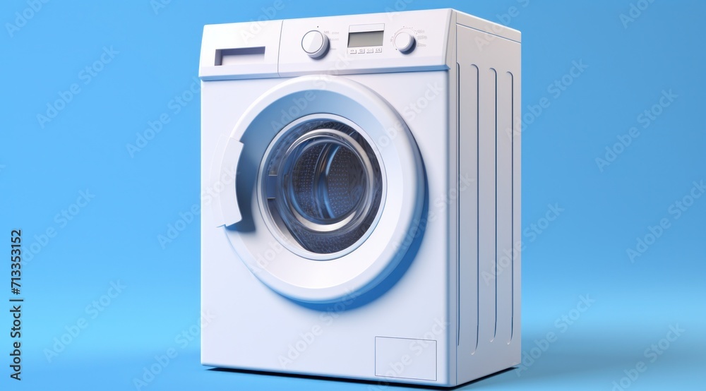 a white washing machine is shown on a blue background