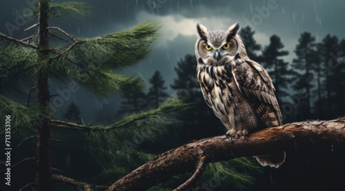 an owl sits on the branch of some pines