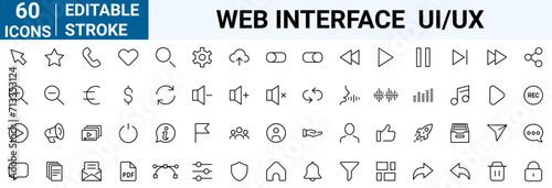 Interface ui, ux web icons in line style. User, profile, message, mobile app, document file, social media, button, home, chat, arrow, collection. Vector illustration.