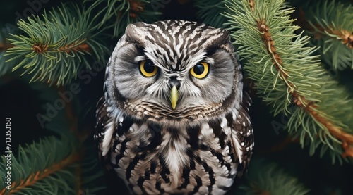 an owl is standing on a branch in a pine tree