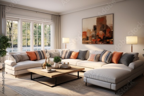 Cozy living room featuring a sectional sofa, coffee table, and accent chairs with a contemporary touch