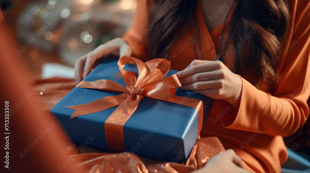 gift wrapping with present in blue wrapping paper gift wrapping with present in blue wrapping paper