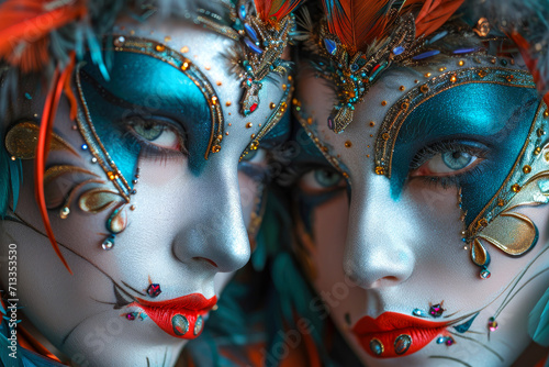 women with carnival mask style, makeup, high detail