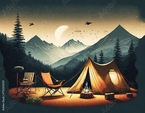 Camping Festival and luxury grunge font view on digital art concept, Generative AI.