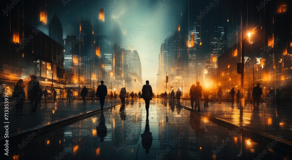 A bustling cityscape illuminated by the glow of street lights and blurred by a thick fog, as a group of pedestrians navigate the slick streets beneath towering skyscrapers on a rainy night