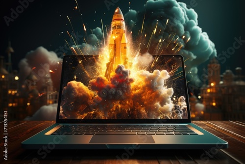 A fiery explosion of fireworks engulfs a laptop screen, capturing a screenshot of chaos and destruction