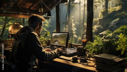 A professional businessman working diligently at his desk, surrounded by indoor clothing and natural light pouring in from the window, while his computer screen illuminates his focused expression