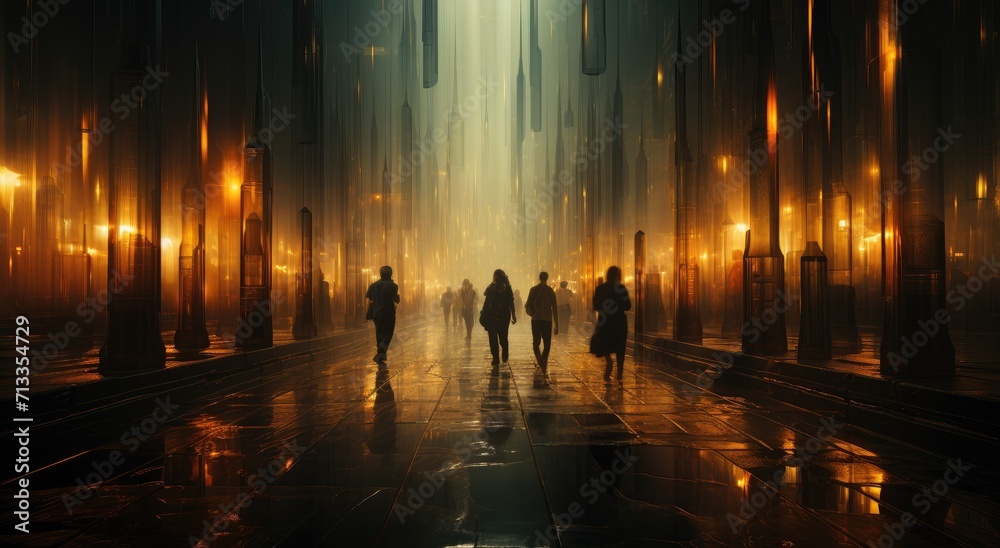 A huddled group braves the slick streets, illuminated by the city's lights, as the foggy rain pours down upon them