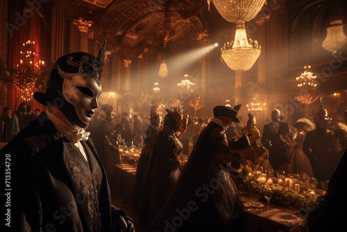 Halloween masquerade ball in beautiful grand ballroom. Generative AI photo