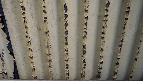 A closeup shot of paint coming off in peeled form from a metal sheet roof . uttarakhand North India. photo