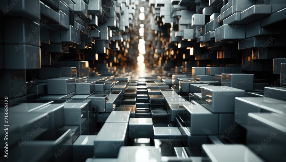 A stunning screenshot of a futuristic cityscape reveals a towering building constructed of countless interlocking cubes, creating a mesmerizing tunnel of geometric perfection A stunning screenshot of a futuristic cityscape reveals a towering building constructed of countless interlocking cubes, creating a mesmerizing tunnel of geometric perfection