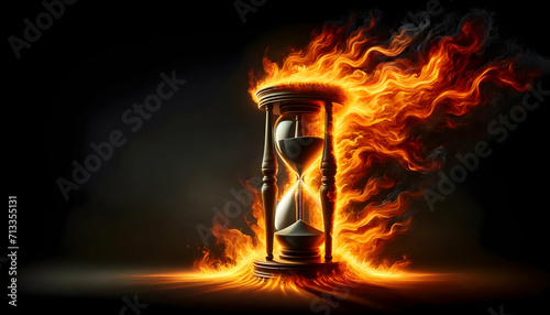 Sand clock hourglass on fire on a black background
