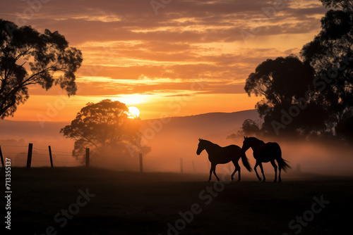 Young horses walking in fog at sunset. Generative AI