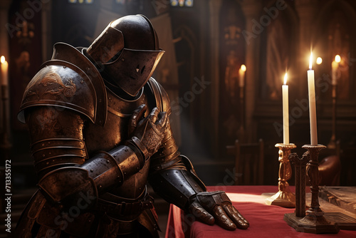 Armored medieval knight looking at candles while praying in church. Generative AI