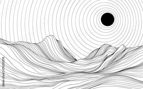 Abstract background with wavy lines and circles. Black and white illustration of mountains. Landscape with sun rays.