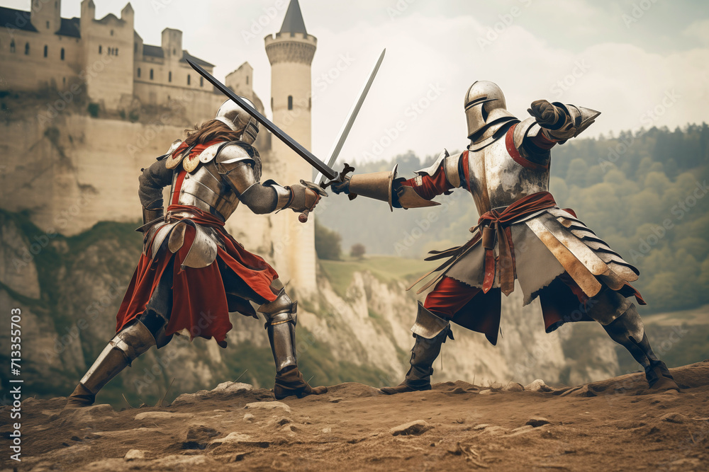 Fototapeta premium Two knights fighting to death at battlefield. Generative AI