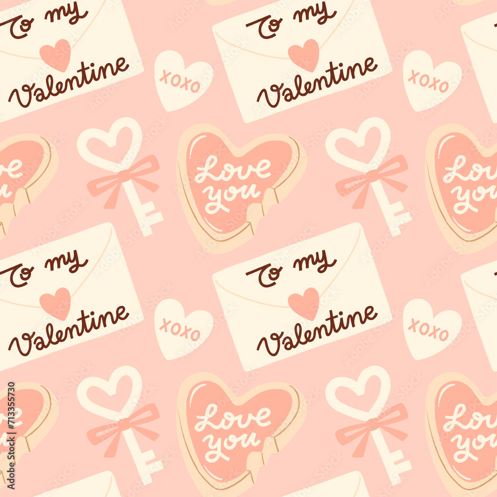 Valentine's Day Romantic Seamless Pattern with playful and whimsical illustrations of heart, to my valentine love letter, love you cookie, key, xoxo elements on pink background