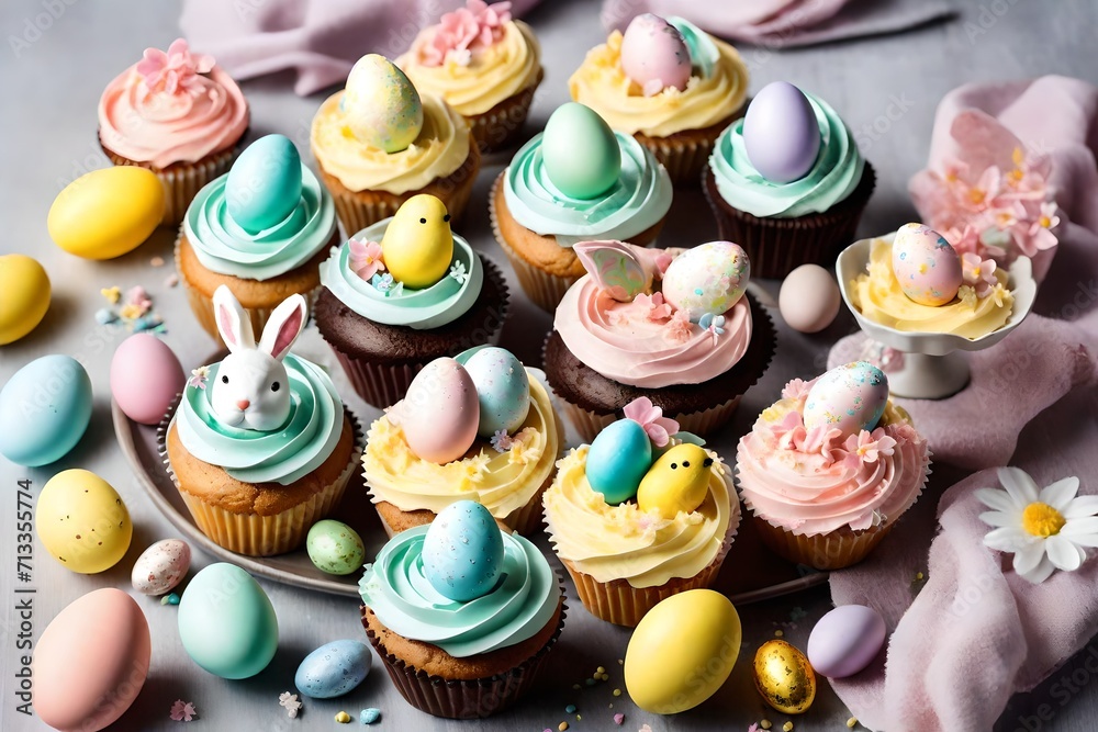Irresistible Easter-themed cupcakes adorned with pastel-colored frosting and delightful decorative elements, perfect for a sweet celebration.