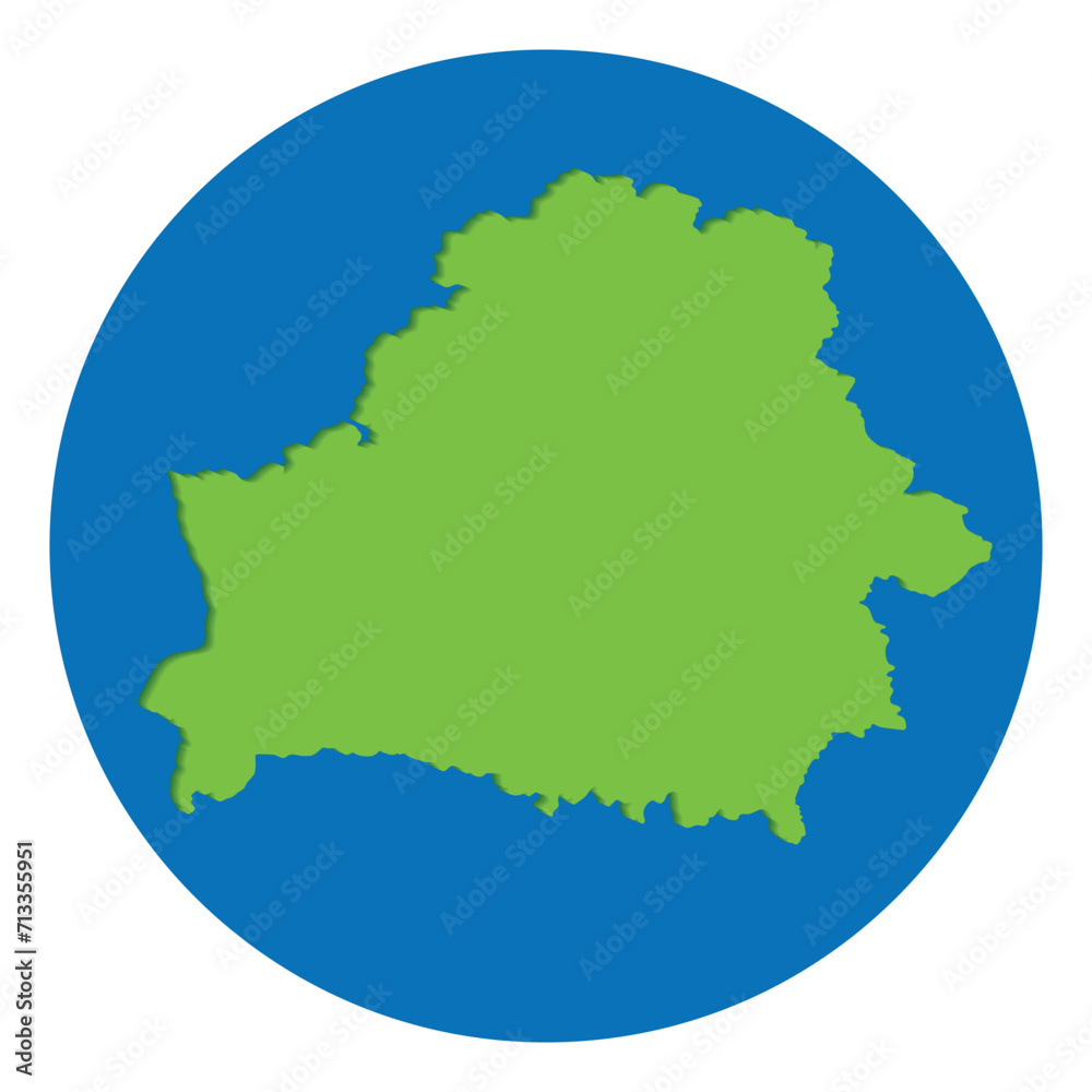 Belarus map. Map of Belarus in green color in globe design with blue circle color.