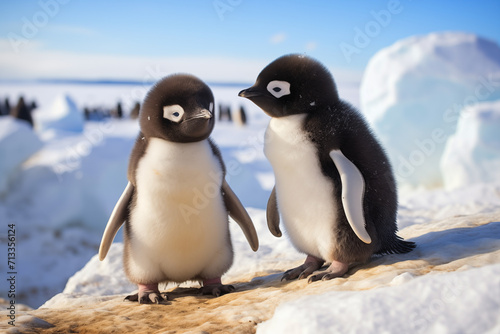 Two small arctic penguins in winter. Generative AI