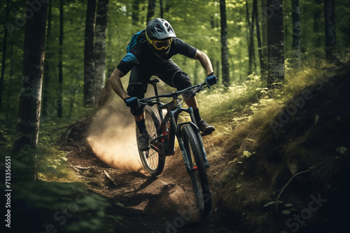 Enduro racer riding motocross race in dark forest. Generative AI