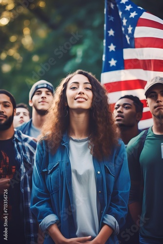 Young diverse people with American flag talking political rally