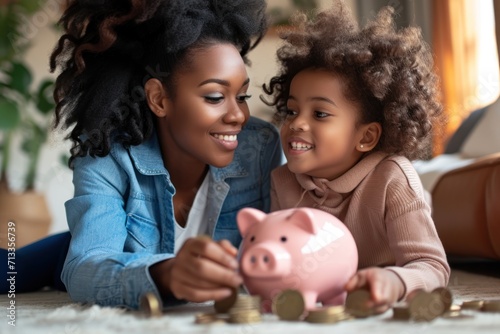 financial education. african american family, mother and child daughter with pig piggy bank counting savings at home  photo