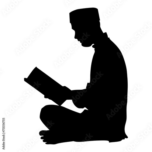 Silhouette of a Muslim man reading the Koran in black color only