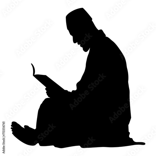 Silhouette of a Muslim man reading the Koran in black color only