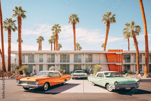Retro motel exterior with parked vintage cars. Generative AI