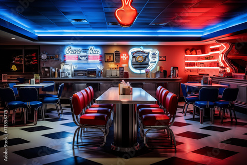 Vintage road cafe design interior with bar counter and chair. Generative AI © Nomad_Soul
