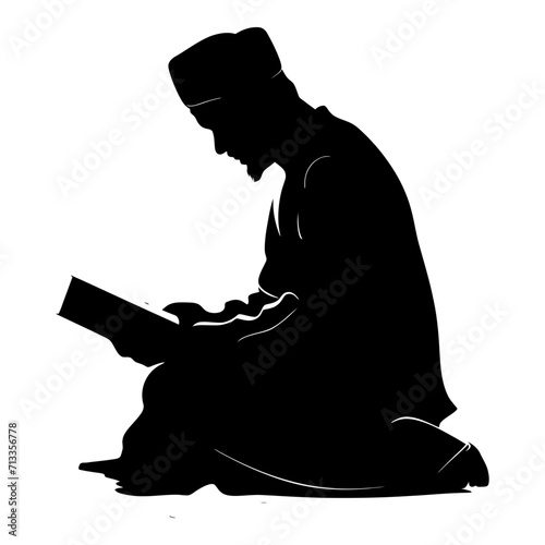 Silhouette of a Muslim man reading the Koran in black color only