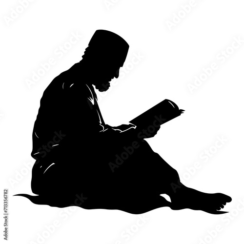 Silhouette of a Muslim man reading the Koran in black color only