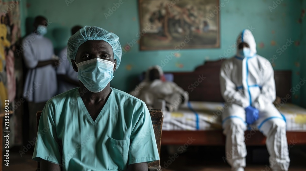 Growing threat of pandemic, doctor in protective suit in living room helps to solve problem with virus sick residents Growing threat of pandemic, doctor in protective suit in living room helps to solve problem with virus sick residents