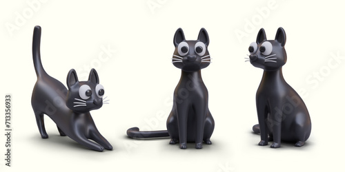 Black 3D cat with staring eyes. Witch, wizard assistant. Magical creature. Vector models in different poses. Cat sitting, stretching. Halloween animal characters