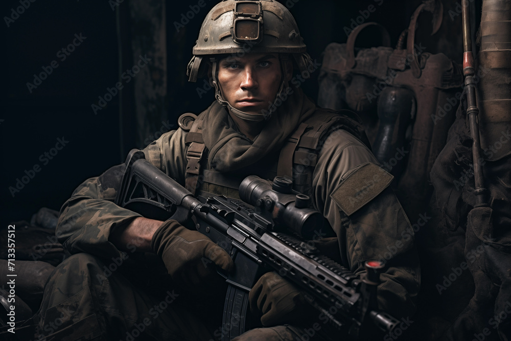 Fototapeta premium Portrait of armored military man soldier in trench. Generative AI