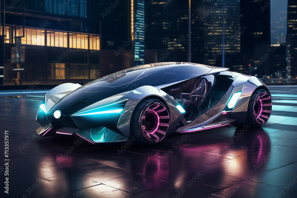 Futuristic sports car in motion over night city background. Generative AI