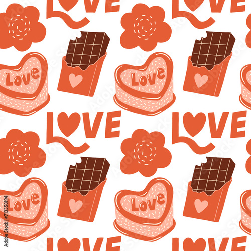 Valentine's Day Romantic Seamless Pattern with playful and whimsical illustrations of heart cake, chocolate, flower, love lettering elements on white background