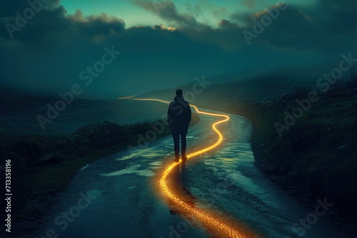 A man walking on the road in the mountains at sunset. 