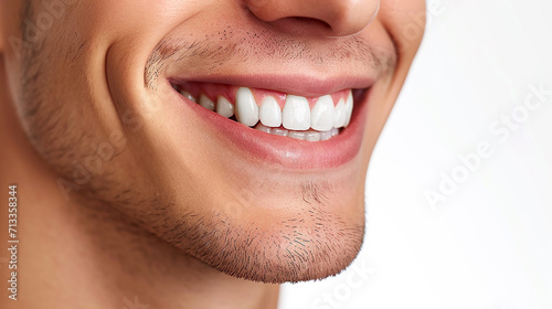 Young man with beautiful smile on white background. Teeth whitening, dentist advertisement