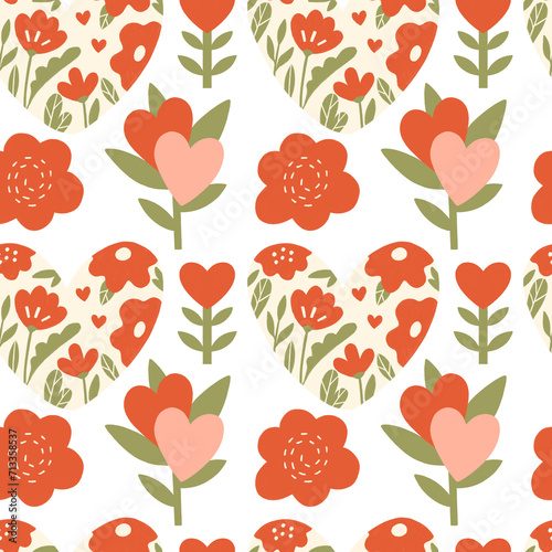 Valentine's Day Romantic Floral Seamless Pattern with playful and whimsical hearts and flowers elements on white background