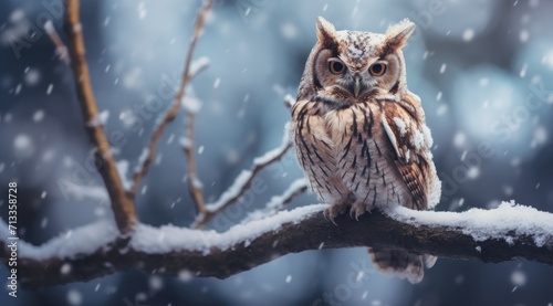 a brown owl sitting on a tree branch in a snowy atmosphere