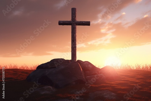 cross on land with sunset